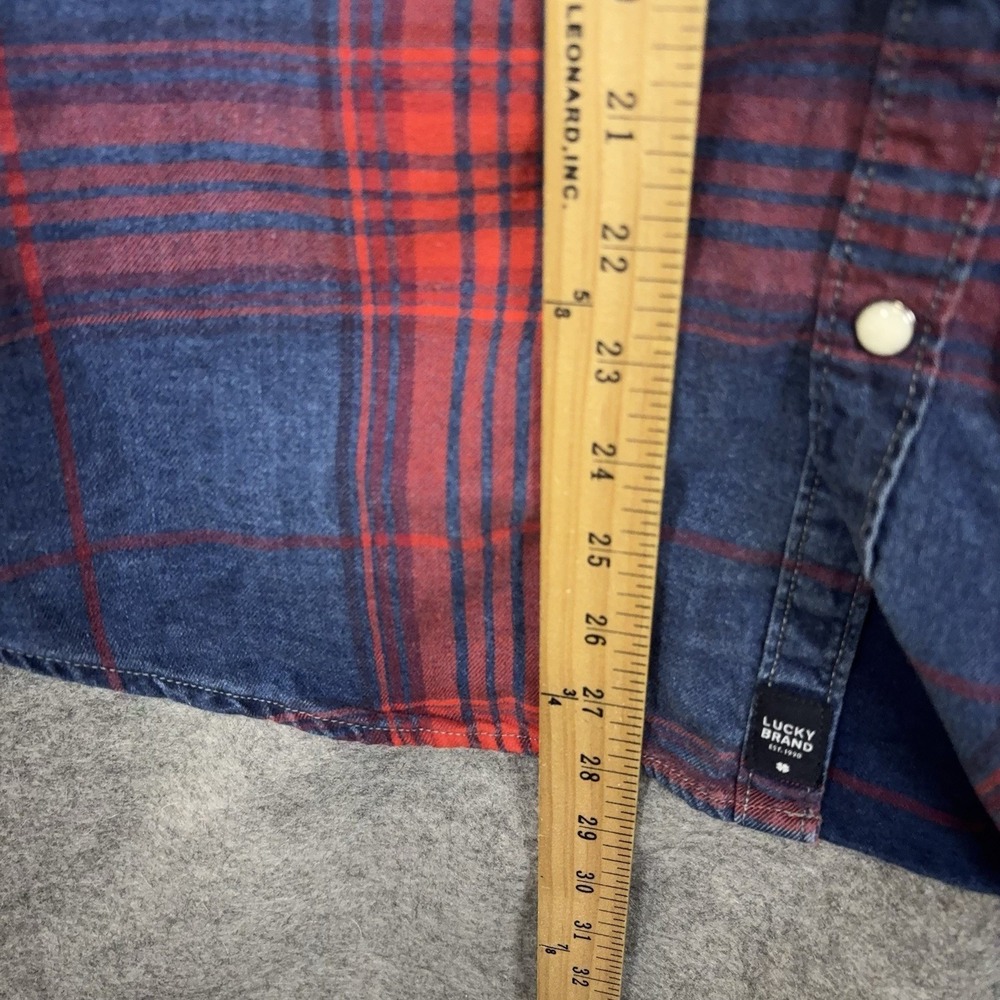 Lucky Brand Pearl Snap Denim Shirt Mens Sz M Blue Red Plaid Western Pockets - Picture 7 of 8